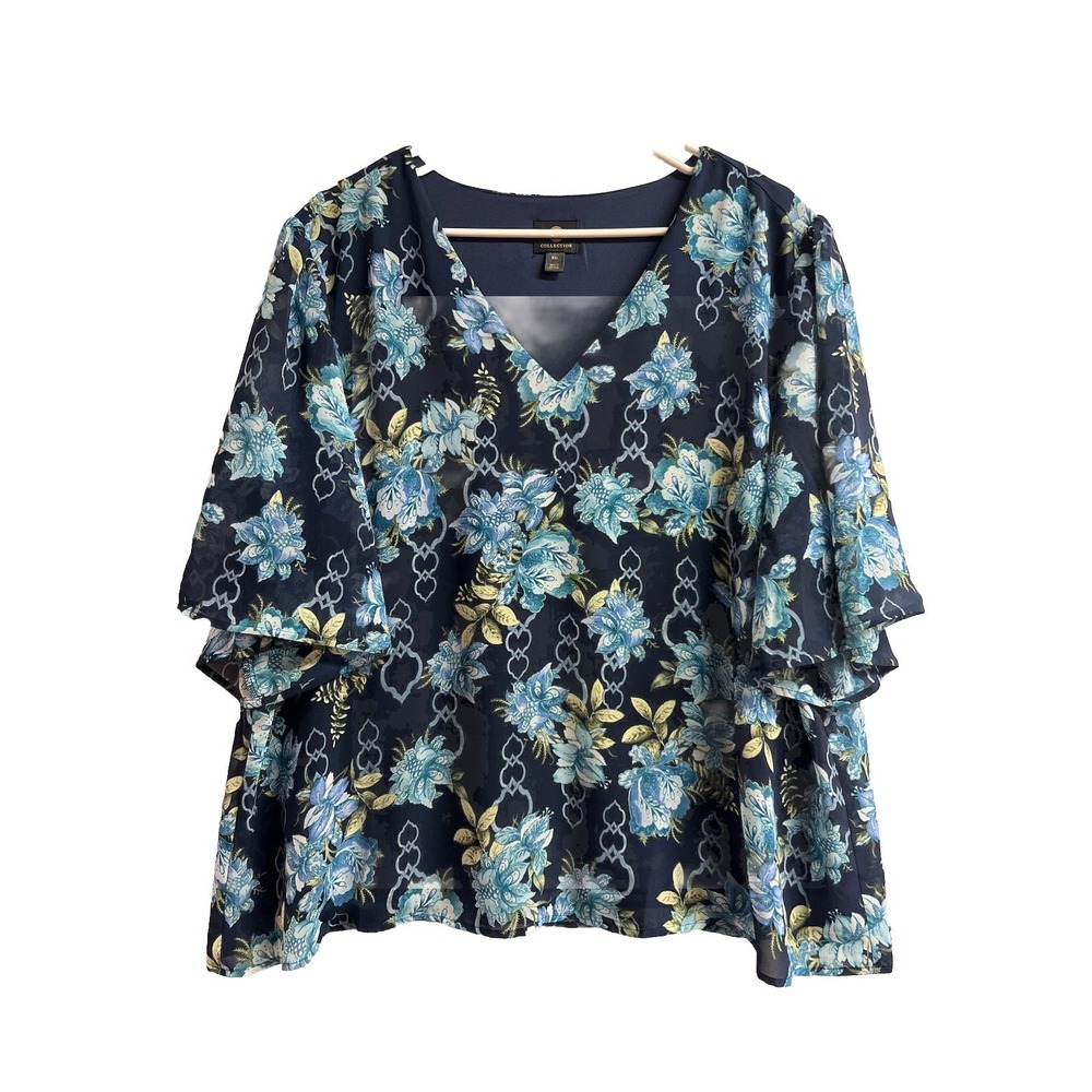 JM Collection Women's Sz 2X Blue Floral Print V-Neck 3/4 Sleeve Top